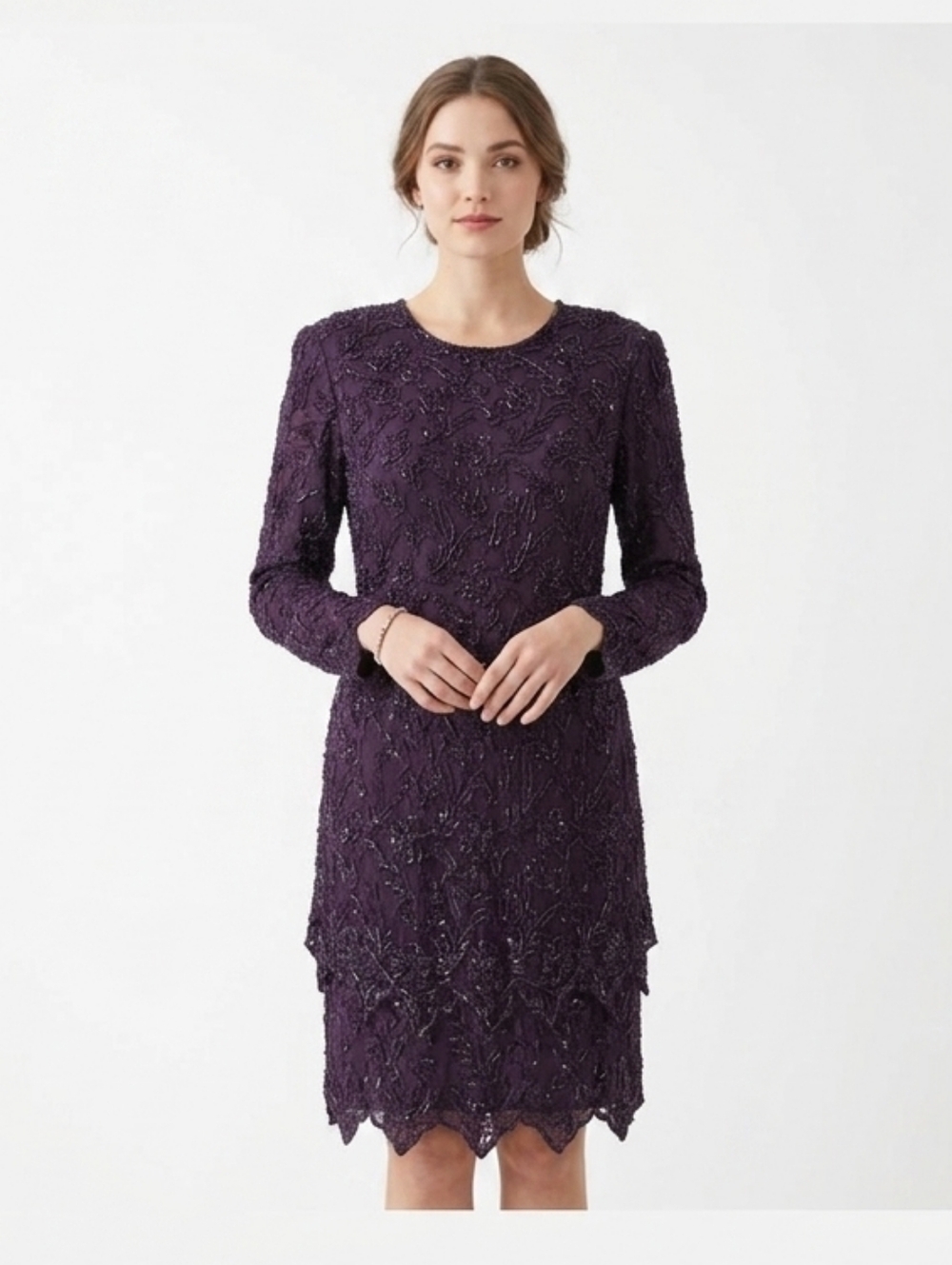 Vintage Brilliante Dress Purple Beaded Lace Layered Formal Evening Cocktail M